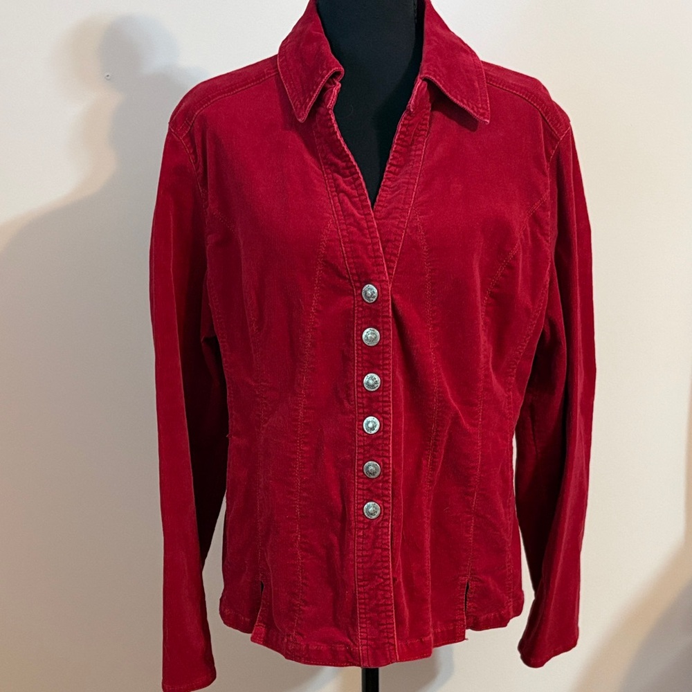 Dressbarn Vibrant Red Corduroy Shirt with Detailed Silver Snaps